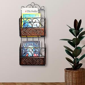 woodiva wood amp wrought iron modern elegance magazine newspaper amp book wall rack for home amp office black amp natural finish double magazine rack