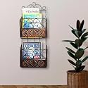 Woodiva Wood &amp; Wrought Iron Modern Elegance Magazine Newspaper &amp; Book Wall Rack for Home &amp; Office, Black &amp; Natural Finish (Double Magazine Rack)