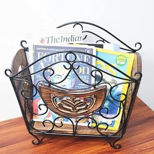 woodiva wooden amp wrought iron magazine stand for table  hand-carved newspaper amp book holder  decorative organizer for home amp office  black finish 41 x 38 x 20 cm magazine basket