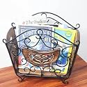 Woodiva Wooden &amp; Wrought Iron Magazine Stand for Table | Hand-Carved Newspaper &amp; Book Holder | Decorative Organizer for Home &amp; Office | Black Finish (41 x 38 x 20 cm) (Magazine Basket)