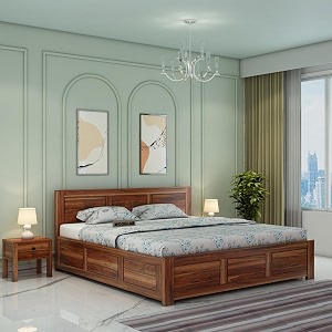 woodlab furniture solid sheesham wood queen size bed with box storage for bedroom wooden double beds living room-honey finish