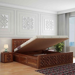 woodlab furniture solid sheesham wood niwar queen size bed with hydraulic storage wooden double bed furniture palang for bedroom living room home honey finish