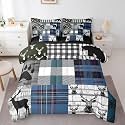 Woodland Animals Full Size Bed Sheets and Comforter Set, Buffalo Checked Plaid Grid Bear Moose 7 Piece Bedding Set Elk Deer Hunting Reindeer Bed in a Bag, Vintage Lodge Cabin Rustic Bed Sets