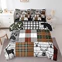 Woodland Bear Moose Bed in a Bag Queen Comforter Set 7 Piece, Buffalo Checked Plaid Grid Bedding Sets Elk Deer Hunting Animal Reindeer Comforter and Sheet Set, Rustic Vintage Cabin Room Decor