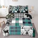 Woodland Bear Moose Full Size Bed Sheets and Comforter Set, Buffalo Checked Plaid Grid 7 Piece Bedding Set Elk Deer Hunting Animal Reindeer Bed in a Bag, Vintage Lodge Cabin Rustic Bed Sets