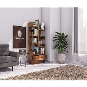 sheesham wood free standing book shelf  multipurpose bookshelf storage display rack with 8 open shelf amp 1 drawer for office  decorative corner shelf bookcase for home decor  brown