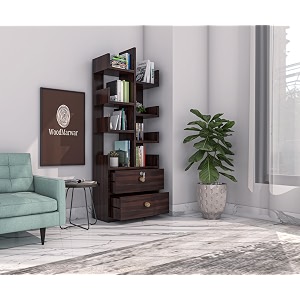 sheesham wood free standing book shelf  multipurpose bookshelf storage display rack with 8 shelf amp 2 drawer with lock for ofice  decorative corner shelf bookcase for home decor  walnut