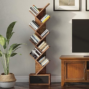 solid sheesham wood book shelf  wooden tree shape bookshelf  free standing bookcase with 6 open shelf storage  utility organizer shelves for living room  rosewood natural finish