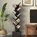 Solid Sheesham Wood Book Shelf | Wooden Tree Shape Bookshelf | Free Standing Bookcase with Open 8 Shelf &amp; One Drawer Storage | Tall Display Unit Book Stand | Rosewood, Black Finish