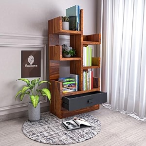 woodmarwar wooden free standing book shelf  display rack bookshelf for home and office  decorative corner shelf bookcase  storage type 6 shelves amp 1 drawer  sheesham solid wood  finish honey