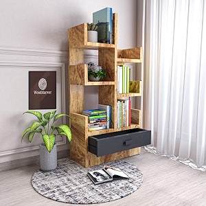 wooden free standing book shelf  display rack bookshelf for home and office  decorative corner shelf bookcase  storage type 6 shelves amp 1 drawer  sheesham solid wood  finish pine