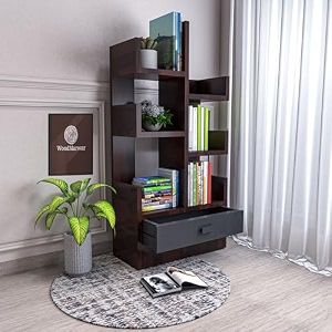 woodmarwar wooden free standing book shelf  display rack bookshelf for home and office  decorative corner shelf bookcase  storage type 6 shelves amp 1 drawer  sheesham solid wood  finish walnut