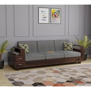 woodnetic solid sheesham wood sofa set 3 seater with attached 2 shelf drawers cushions without small pillows walnut