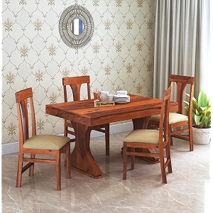 woodstage sheesham wood 4 seater dining table with cushioned chairs for living room wooden dining room set for home honey finish