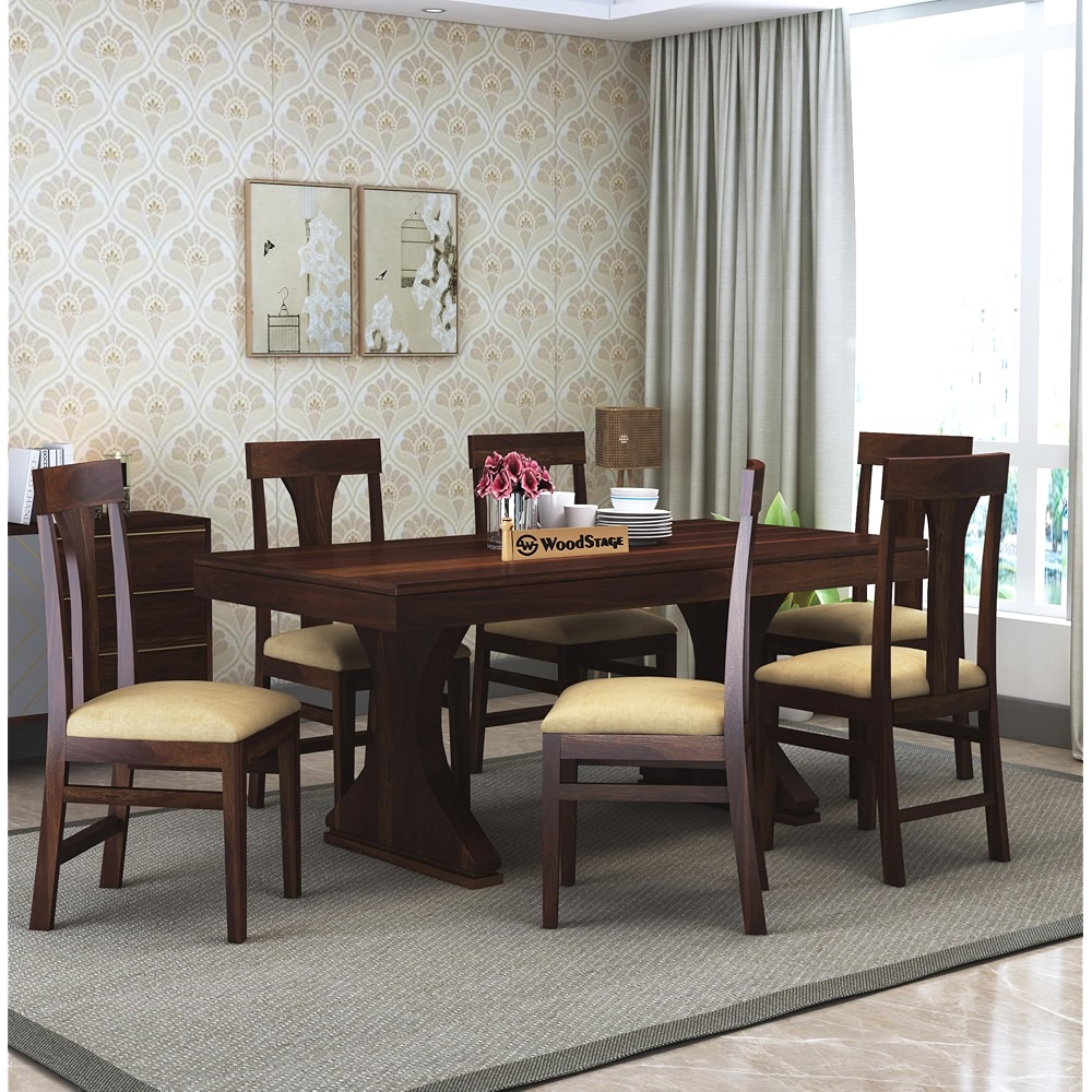 WOODSTAGE Sheesham Wood 6 Seater Dining Table with Cushioned Chairs for ...