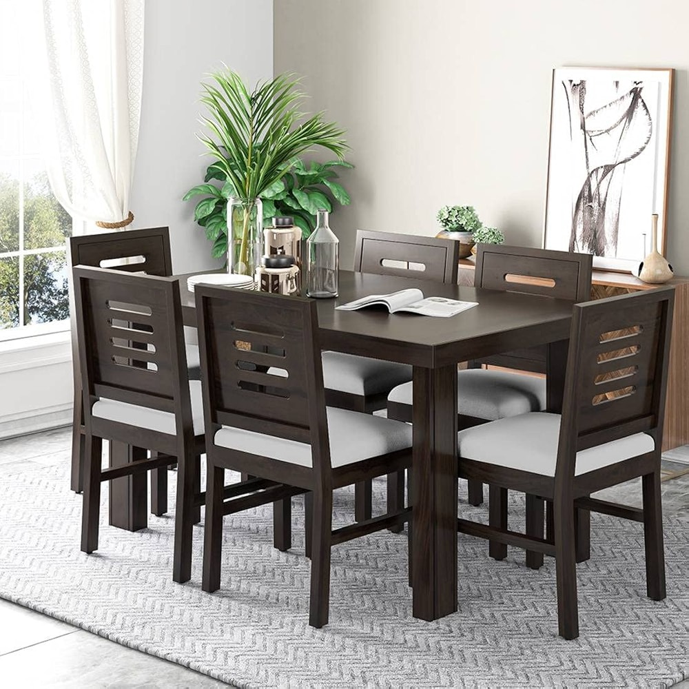 WOODSTAGE Solid Sheesham Wood 6 Seater Dining Table Set with 6 ...