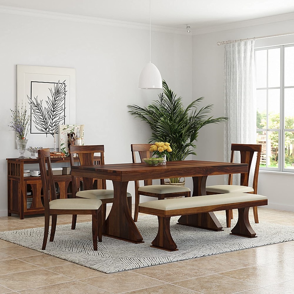 WOODSTAGE Sheesham Wood 6 Seater Dining Table with 4 Cushion Chairs & 1 ...