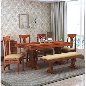 woodstage sheesham wood 6 seater dining table with cushioned chairs and bench for living room wooden dining room set for home honey finish