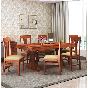 woodstage sheesham wood 6 seater dining table with cushioned chairs for living room wooden dining room set for home honey finish