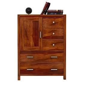 woodstage sheesham wood chest of storage drawers and 1 cabinet for home living room hall honey finish