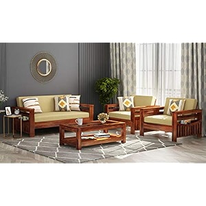 woodstage solid sheesham wood 5 seater fabric sofa set for home and living room - 311 seater honey finish