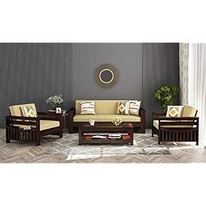 woodstage solid sheesham wood 5 seater fabric sofa set for home and living room - 311 seater walnut finish