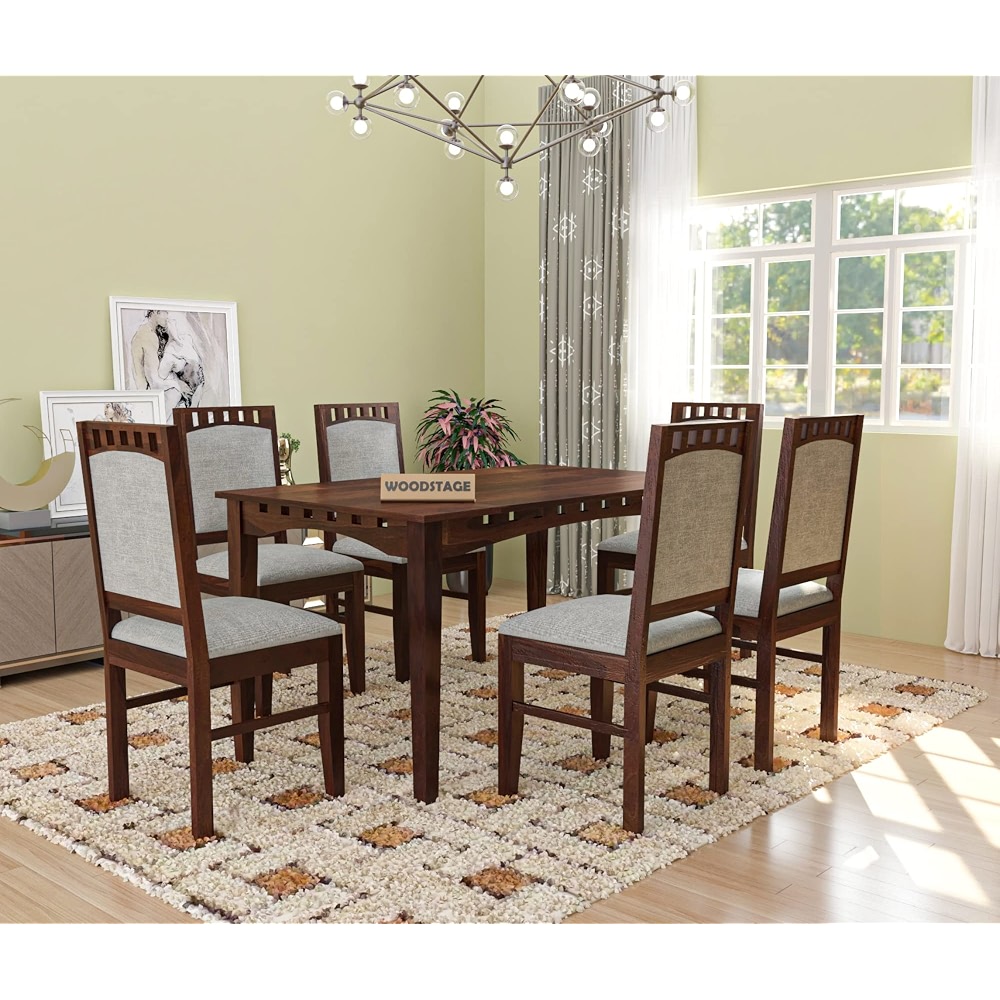 WOODSTAGE Solid Sheesham Wood 6 Seater Dining Table Set with 6 ...