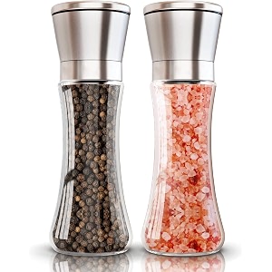 salt and pepper mill - sea salt shaker with stainless steel cap - pepper grinder - salt shaker - refillable spice mill tall 2-pcs