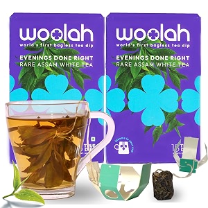 woolah rare assam white tea organic bagless tea dip 2 packs  30 dips 60 cups 100 plastic free natural whole leaf high antioxidants boosts metabolism supports weight management improves skin health amp good for heart