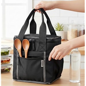 wooum thermal insulated lunch bag for office men women kids  9l tiffin bag with bottle holder  waterproof food bag for school travel work  leakproof compact 1 year warranty black