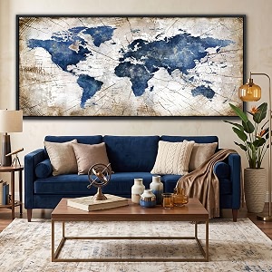 World Map Canvas Wall Art Navy World