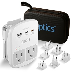 ceptics 35w universal travel adapter kit  2 usa sockets usb-a usbc 1x pd 35w usb-c and usbc cable surge protected plugs for eu uk china au japan - for laptop phone camera-etl tested