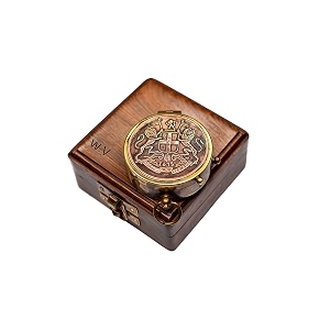 antique brass pocket compass with wooden box