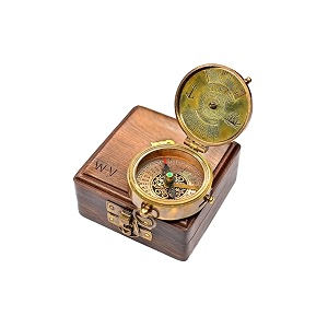 antique brass pocket compass with wooden box