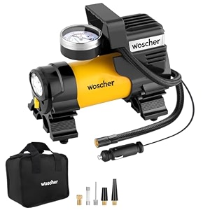 woscher 100 copper motor tyre inflator for car air pump for car tyres 12v dc superfast inflation 150 psi  strong metal body with emergency led lightheavy duty zipper bag  1 yrs warranty 678