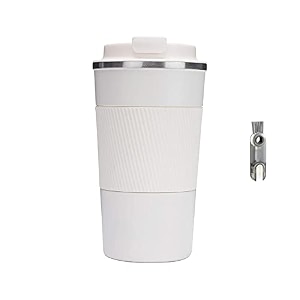 wosta travel mug insulated coffee cup with leakproof lidvacuum insulation stainless steel reusable for hot cold coffee non-slip protective cover white 380 ml amp cleaning brush