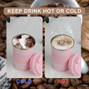wosta travel mug insulated coffee cup with leakproof lidvacuum insulation stainless steel reusable for hot cold coffee non-slip protective cover pink 510 ml amp cleaning brush
