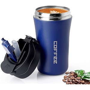 wosta travel reusable spill proof coffee mug with snap seal lid amp bounce silicone straw lid double walled insulated stainless steel tumbler 400ml  135oz dark blue