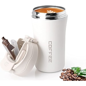 wosta travel mug insulated coffee cup with leakproof lidvacuum insulation stainless steel reusable for hot cold coffee non-slip protective cover white 400 ml
