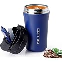Wosta Travel Reusable Spill Proof Coffee Mug with Snap Seal Lid &amp; Bounce Silicone Straw Lid, Double Walled Insulated Stainless Steel Tumbler 400ml / 13.5oz (Dark Blue)