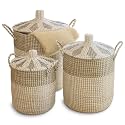 woven basket with Lid, 4.6 Gal Wicker woven basket with Lids Handles Removable Liner, Handwoven Rattan Storage Basket for Bedroom &amp; Living Room Home