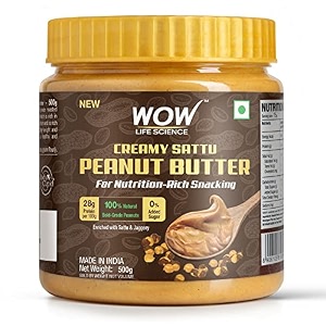 wow life science - peanut butter with sattu creamy - 500 gm  high protein with 28g protein per 100g  for nutrition rich snacking - weight management muscle building and healthy lifestyle