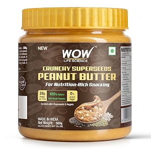 wow life science - peanut butter with super seeds crunchy - 500 gm  high protein with 28g protein per 100g  for nutrition rich snacking - weight management muscle building and healthy lifestyle