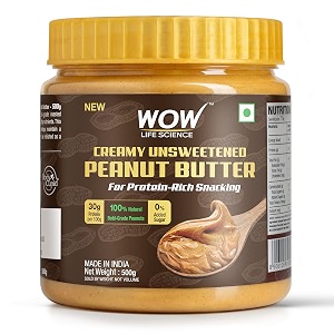 wow life science - peanut butter unsweetened creamy - 500 gm  100 natural  high protein with 30g protein per 100g  for protein rich snacking - weight management muscle building and healthy lifestyle