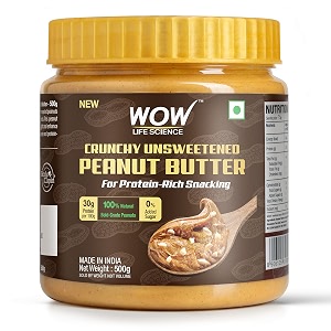 wow life science - peanut butter unsweetened crunchy - 500 gm  high protein with 30g protein per 100g  for protein rich snacking - weight management muscle building amp healthy lifestyle