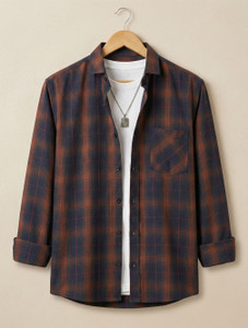 WOXEN Men Checkered Casual Brown Blue Shirt