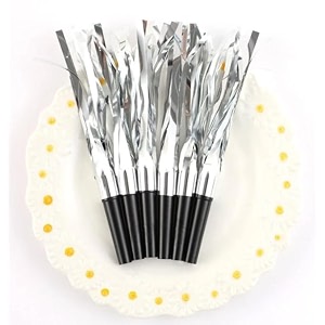 wp wanna party kid adult foil silver amp black blowoutsnoisemakerswhistlesparty squawkersparty blowersparty horns pack of 6