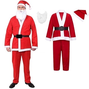 wp wanna party men39s deluxe santa suit christmas velvet adult santa claus costume including santa hat santa jacket sanat beard belt and trousers for adult christmas costumes red