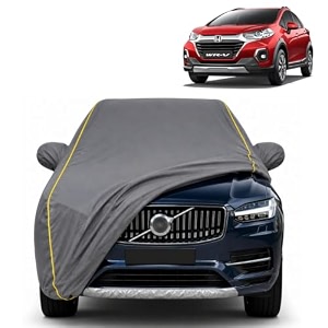 wr-v 100 waterproof car cover  dustproof sun protection cover  soft cotton lining  triple stitched  mirror pocket  antenna pocket  all weather body cover grey with yellow piping