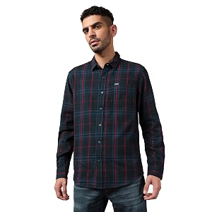 Wrangler Mens Checked Blue Shirt Regular